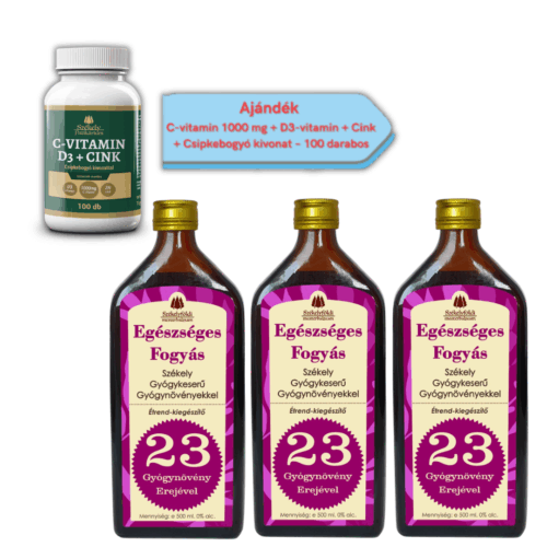 3 darab Egészséges Fogyás – Székely Gyógykeserű 500ml - Ajándék C-vitamin 1000 mg + D3-vitamin + Cink + Csipkebogyó kivonat – 100 darabos