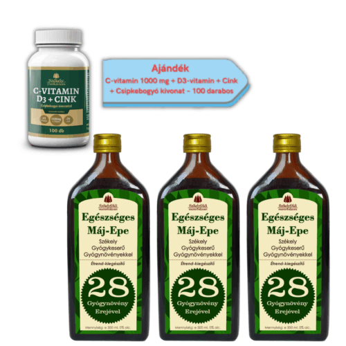 3 darab Egészséges Máj - Epe Gyógykeserű – 500ml - Ajándék C-vitamin 1000 mg + D3-vitamin + Cink + Csipkebogyó kivonat – 100 darabos